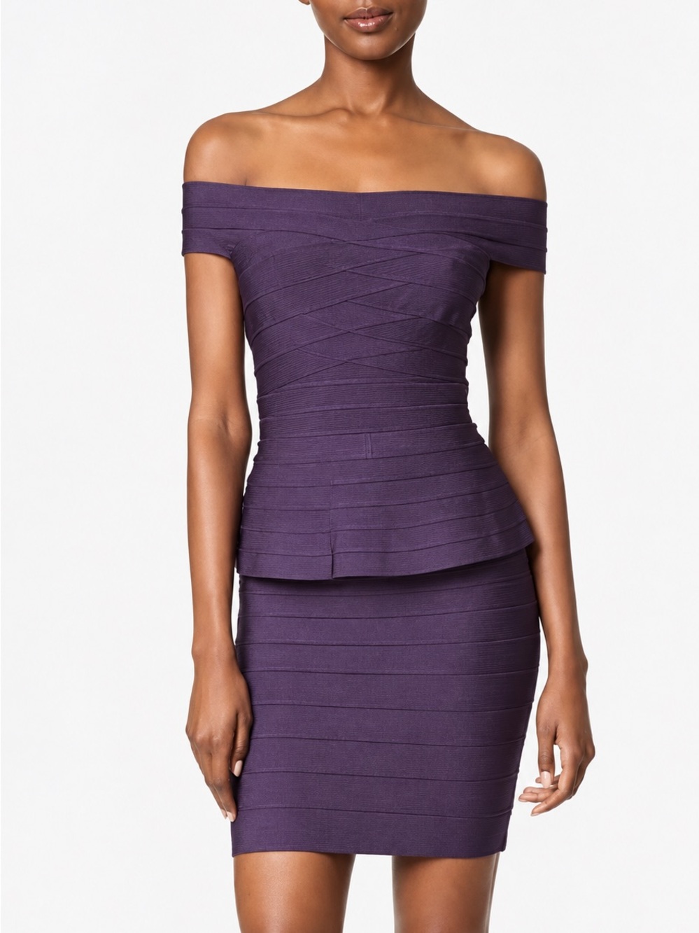 Herve Leger Magdalena Purple Off-The-Shoulder Peplum Bandage Mini Dress